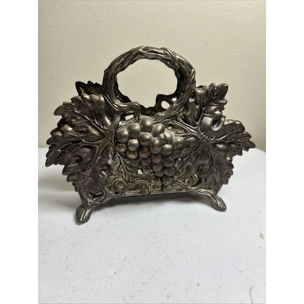 Vntg Silver Plated Napkin Holder w/ Ornate Grape Design by Studio Silversmiths
